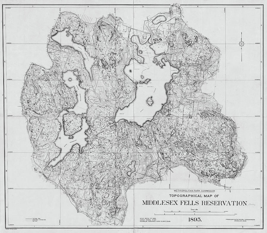 1895 Topographical Map of the Middlesex Fells Reservation Black and White Photograph by Toby McGuire