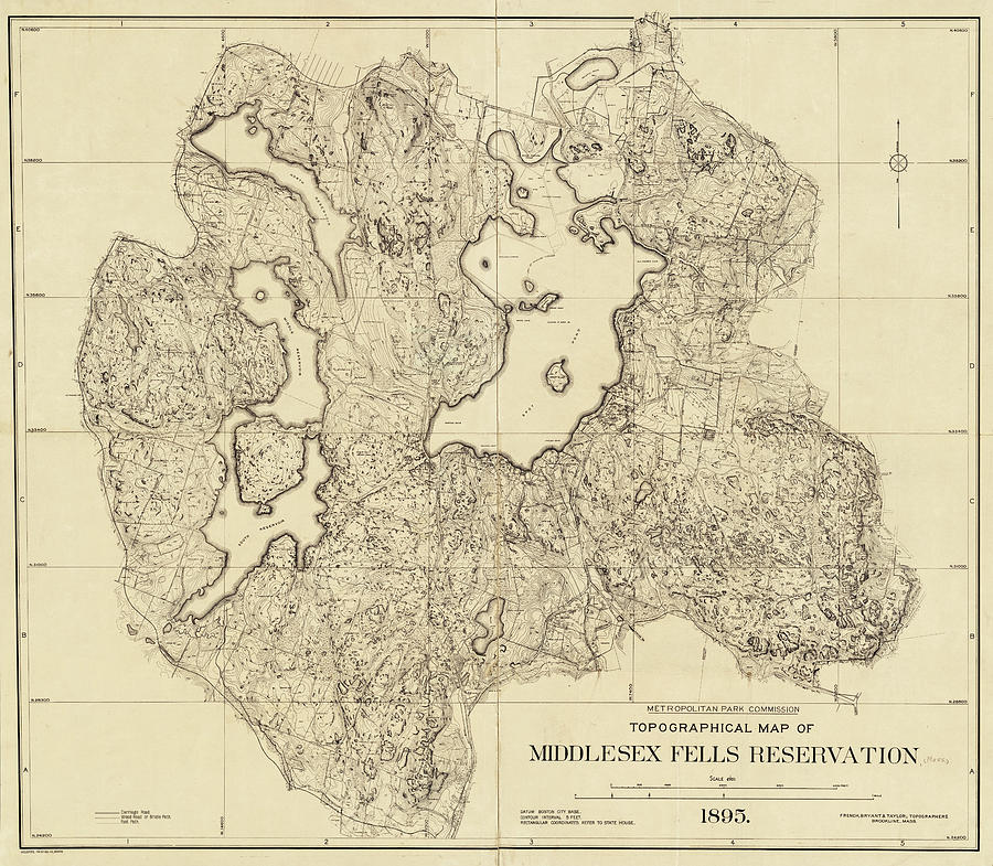 1895 Topographical Map of the Middlesex Fells Reservation Sepia Photograph by Toby McGuire