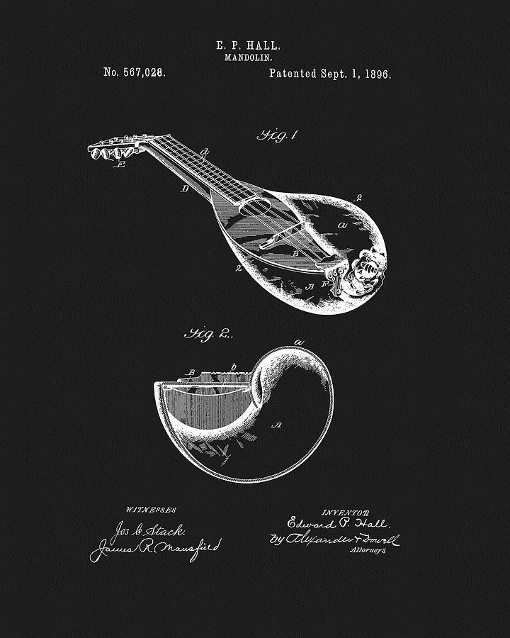 Music Drawing - 1896 Mandolin Patent by Dan Sproul