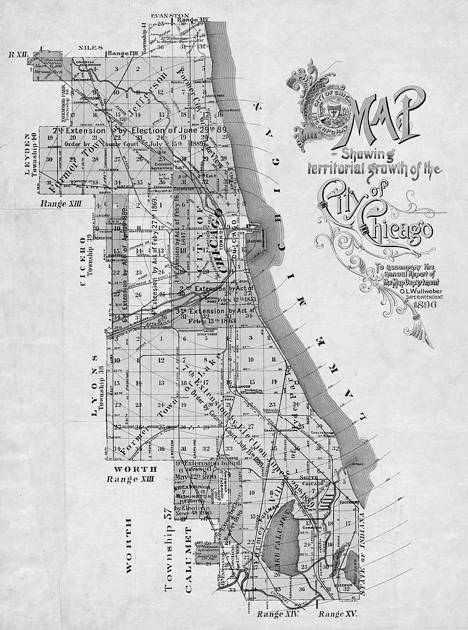 1896 Map Showing Territorial Growth of the City of Chicago Black and White Photograph by Toby McGuire