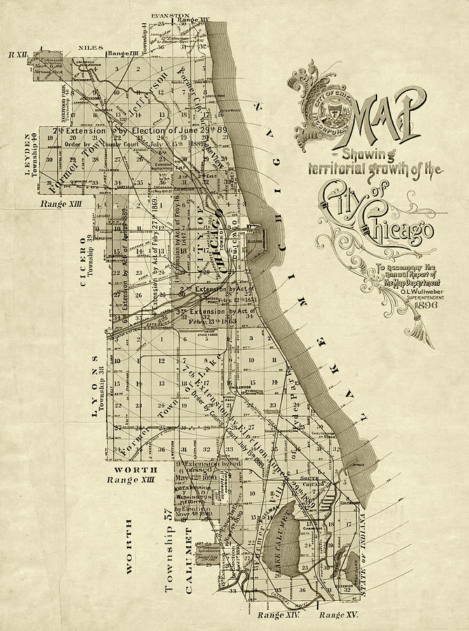 1896 Map Showing Territorial Growth of the City of Chicago Sepia Photograph by Toby McGuire