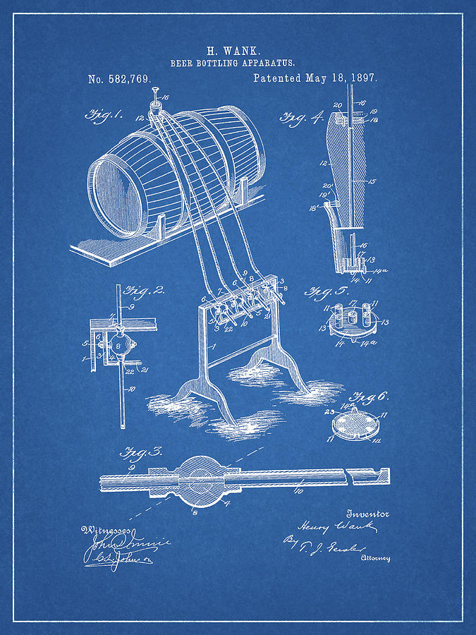 Bottle Drawing - 1897 Beer Bottling Patent by Dan Sproul