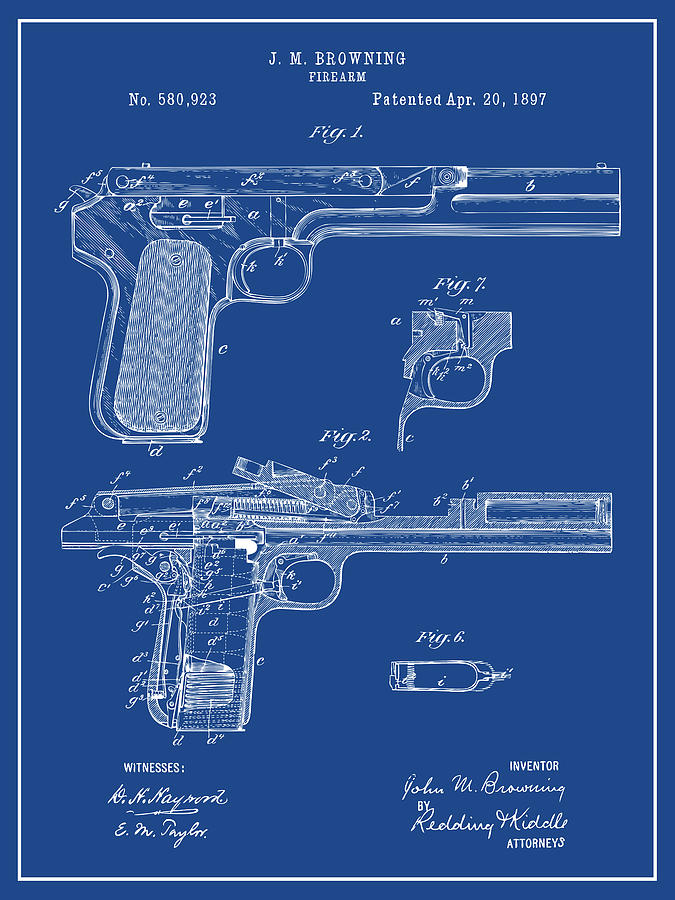 1897 Browning Firearm Patent Print Dark Blue Drawing by Greg Edwards ...