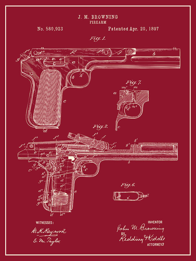 1897 Browning Firearm Patent Print Red Drawing by Greg Edwards | Fine ...