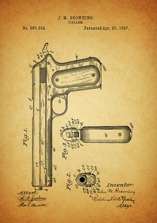 Firearm Drawing - 1897 Browning Pistol Patent by Dan Sproul