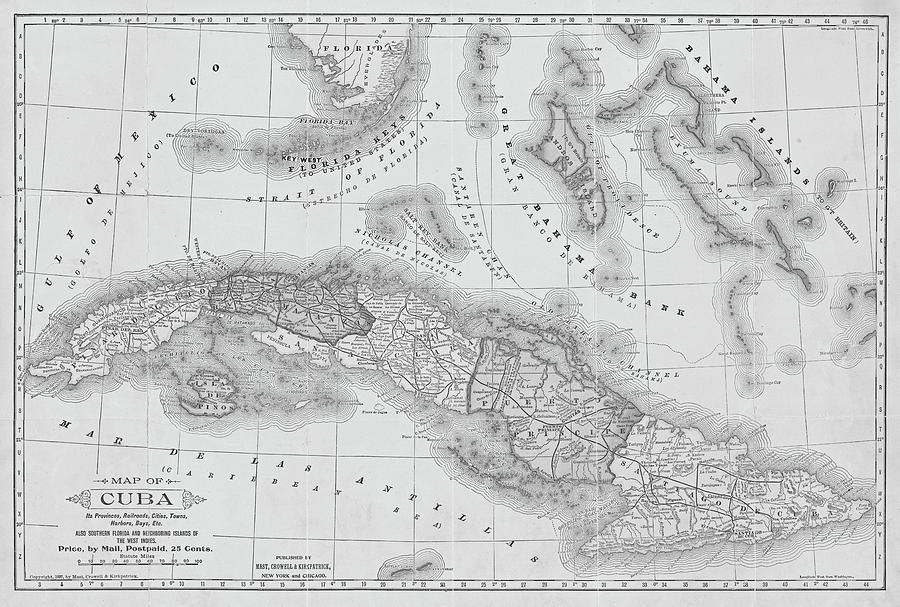 1897 Cuba Historical Map Black and White Photograph by Toby McGuire