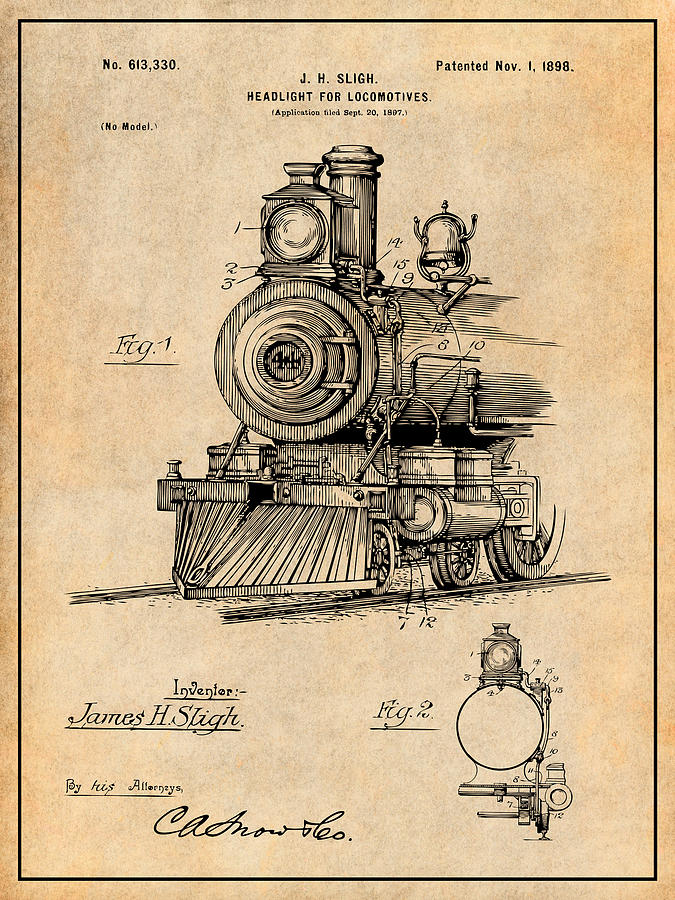 Art & Collectibles Drawing - 1897 Headlight for Locomotives Antique Paper Patent Print by Greg Edwards