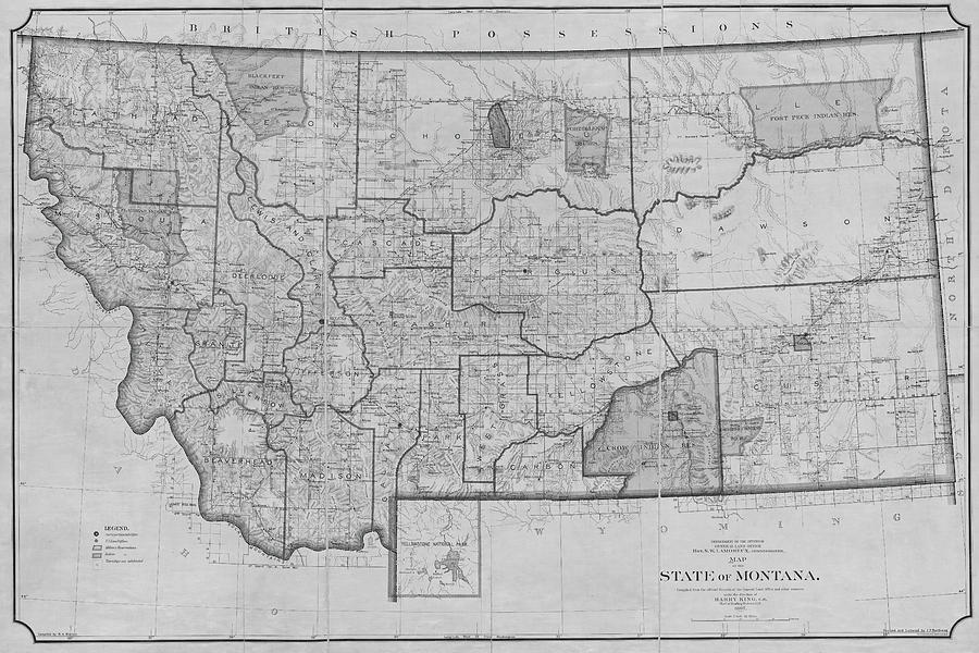 1897 Historical Map of Montana Black and White Photograph by Toby McGuire