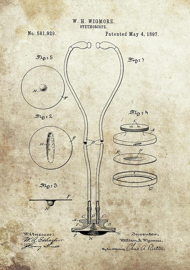 Stethoscope Drawing - 1897 Stethoscope Patent by Dan Sproul