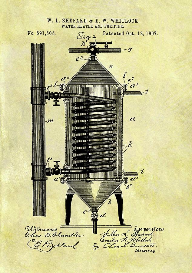Appliance Drawing - 1897 Water Heater Patent by Dan Sproul
