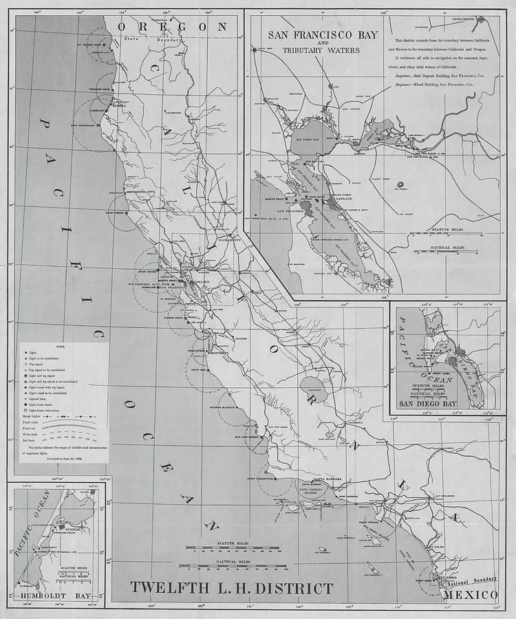 1898 California Coast, San Francisco Bay and San Diego Bay Lighthouse Map in Black and White Photograph by Toby McGuire