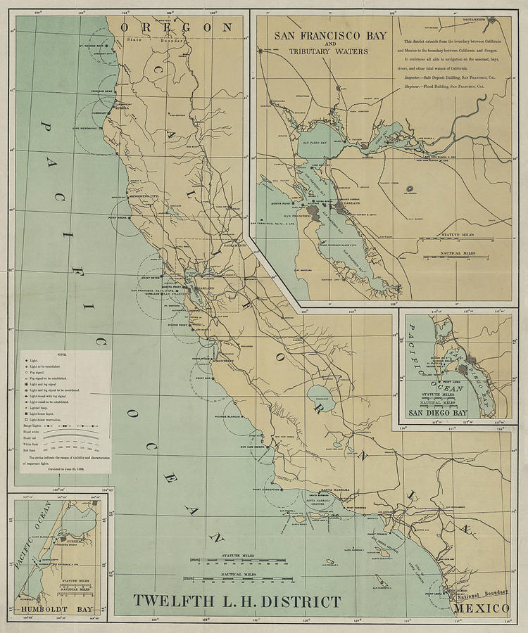 1898 California Coast, San Francisco Bay and San Diego Bay Lighthouse Map in Color Photograph by Toby McGuire