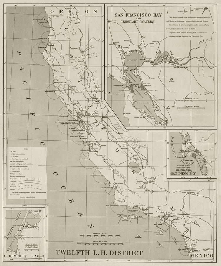 1898 California Coast, San Francisco Bay and San Diego Bay Lighthouse Map in Sepia Photograph by Toby McGuire