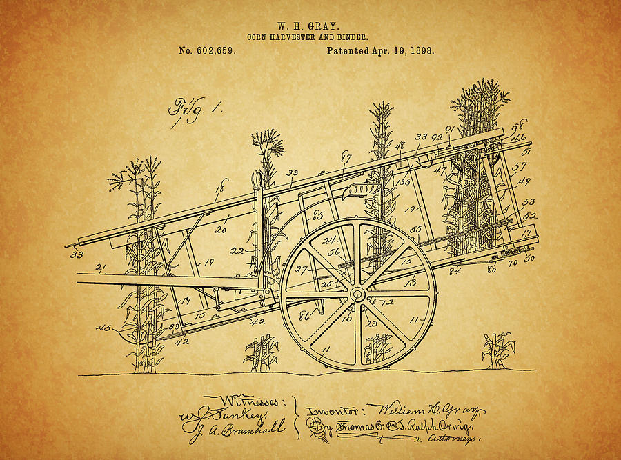 Farm Drawing - 1898 Corn Harvester Patent by Dan Sproul