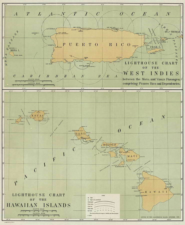 1898 Historical Lighthouse Chart Map of Puerto Rico and Hawaii in Color Photograph by Toby McGuire