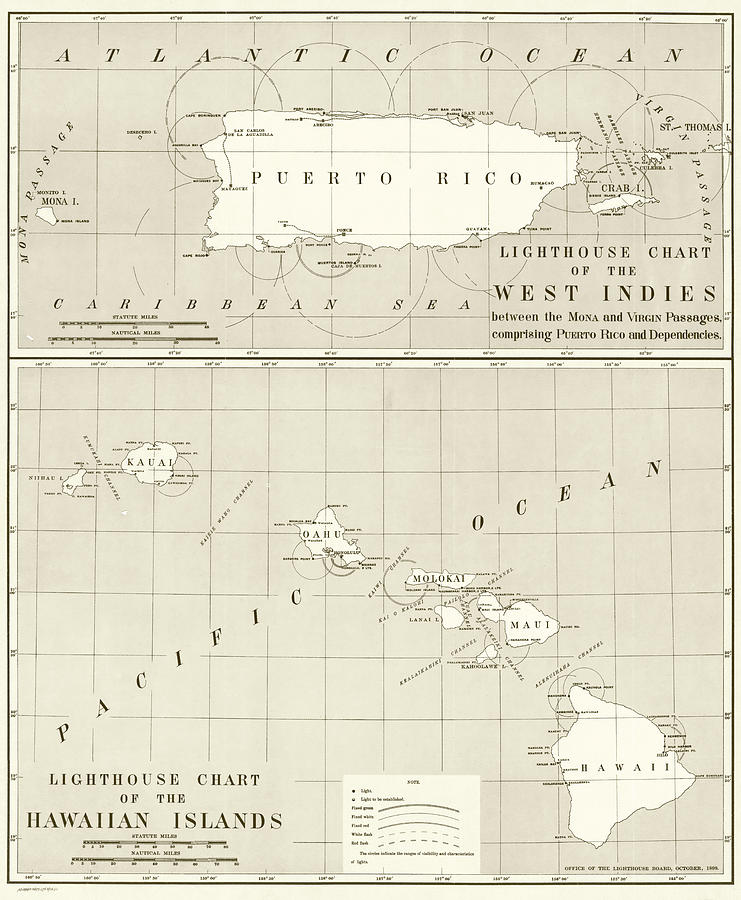 1898 Historical Lighthouse Chart Map of Puerto Rico and Hawaii in Sepia Photograph by Toby McGuire
