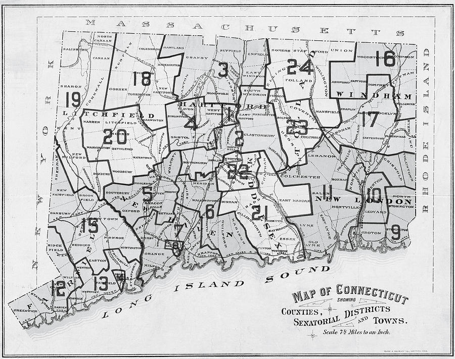 1898 Historical Map of Connecticut in Black and White Photograph by Toby McGuire