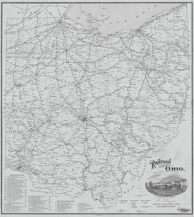1898 Historical Railroad map of Ohio in Black and White Photograph by Toby McGuire