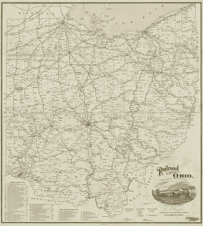 1898 Historical Railroad map of Ohio in Sepia Photograph by Toby McGuire