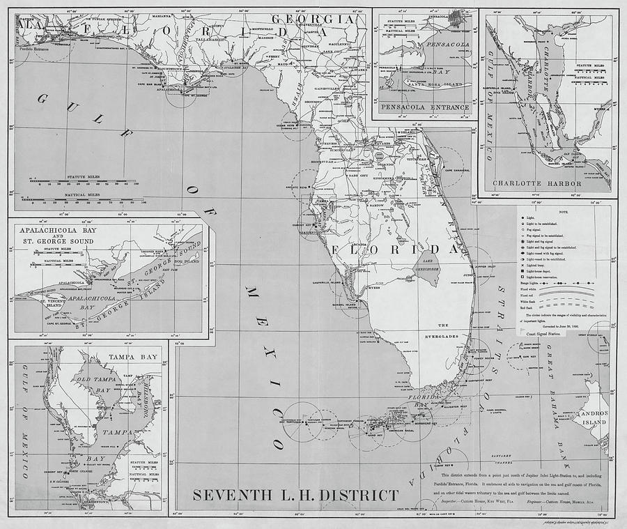 1898 Lighthouse Map of Florida in Black and White Photograph by Toby McGuire
