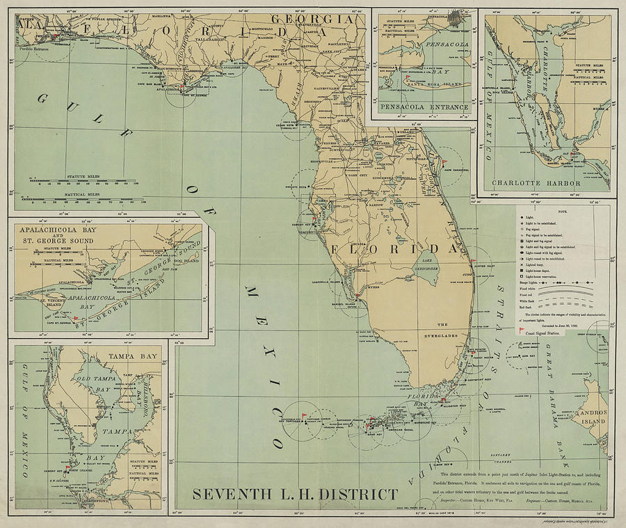 1898 Lighthouse Map of Florida in Color Photograph by Toby McGuire