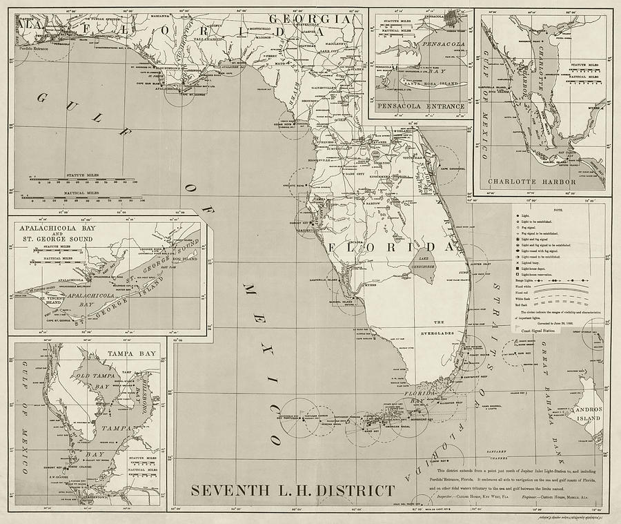 1898 Lighthouse Map of Florida in Sepia Photograph by Toby McGuire