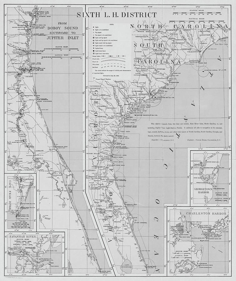 1898 North Carolina and South Carolina Lighthouse Map in Black and White Photograph by Toby McGuire