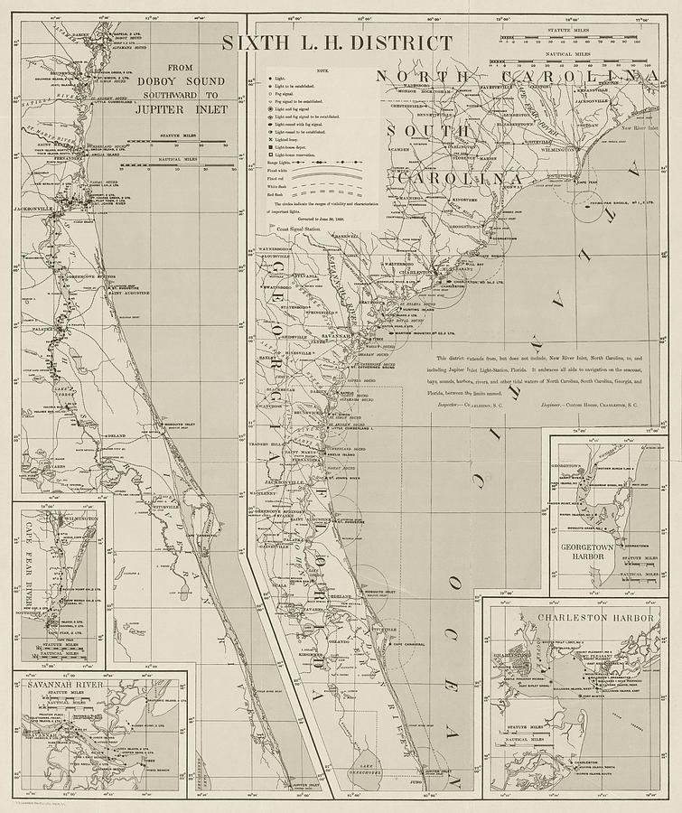 1898 North Carolina and South Carolina Lighthouse Map in Sepia Photograph by Toby McGuire