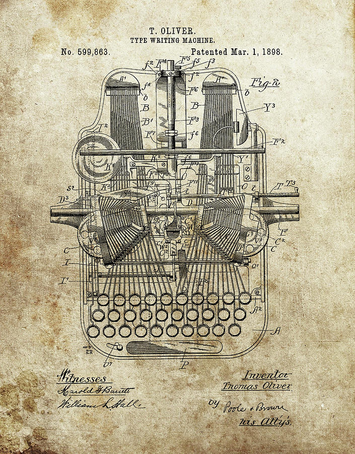 1898 Oliver Typewriter Patent Drawing by Dan Sproul - Fine Art America