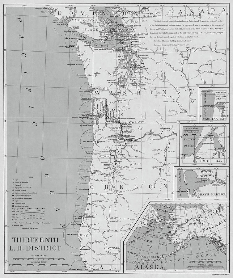 1898 Pacific Northwest, Washington, Oregon and Alaska Lighthouse Map in Black and White Photograph by Toby McGuire