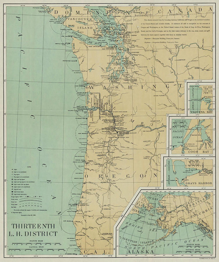 1898 Pacific Northwest, Washington, Oregon and Alaska Lighthouse Map in Color Photograph by Toby McGuire