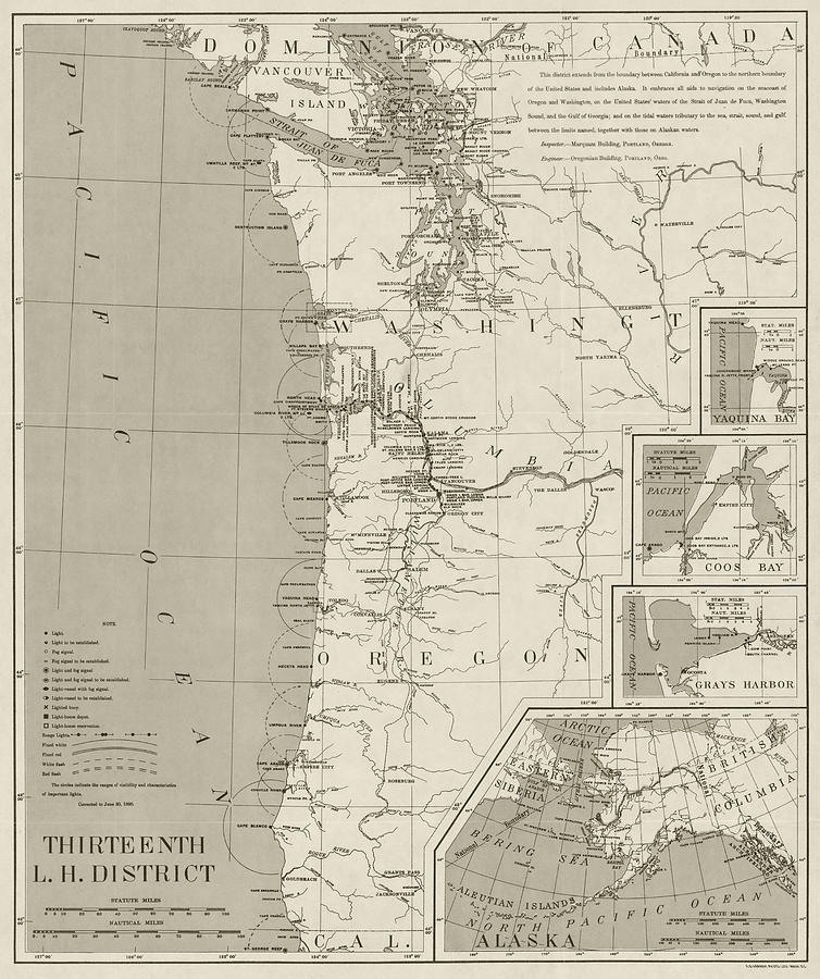 1898 Pacific Northwest, Washington, Oregon and Alaska Lighthouse Map in Sepia Photograph by Toby McGuire