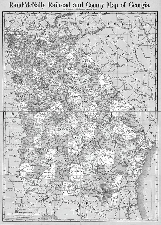 1898 Railroad and County Map of Georgia United States USA Black and White Photograph by Toby McGuire