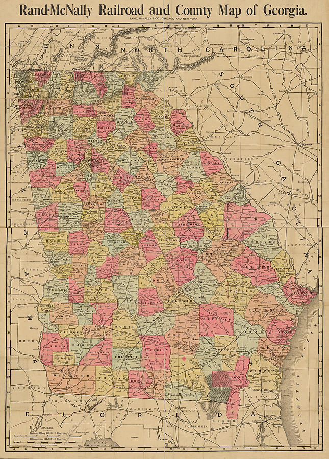 1898 Railroad and County Map of Georgia United States USA Photograph by Toby McGuire