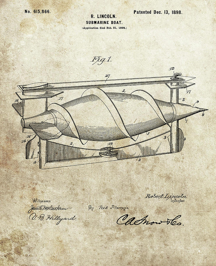 Sub Drawing - 1898 Submarine Boat Patent by Dan Sproul