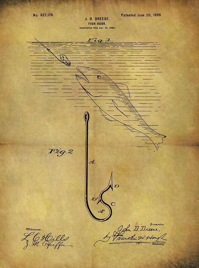 Fish Hook Drawing - 1899 Fish Hook Patent by Dan Sproul