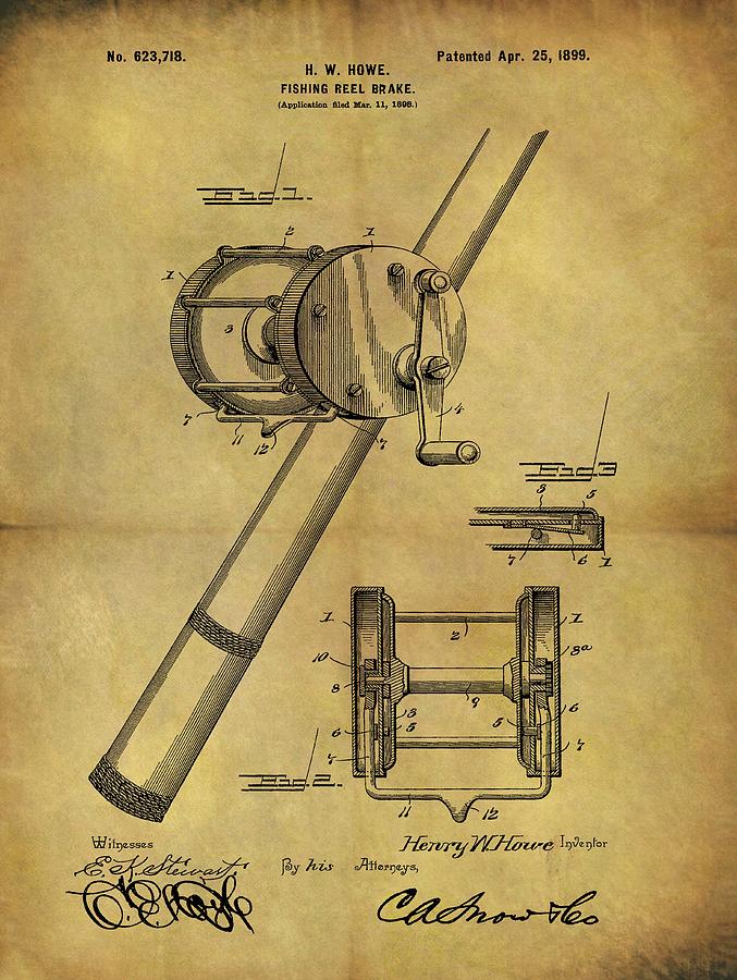 Fishing Reel Drawing - 1899 Fishing Reel Patent by Dan Sproul