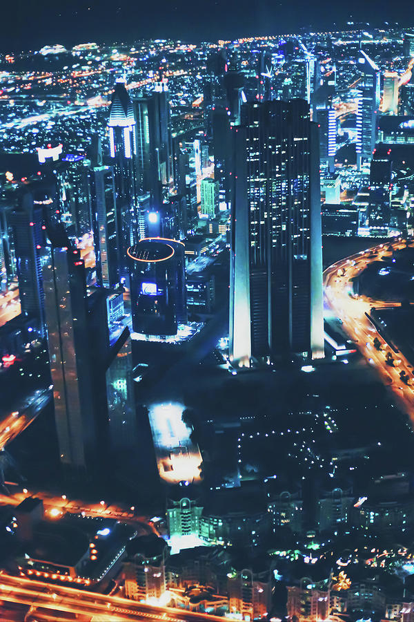 Aerial night view of Dubai in United Arab Emirates, metropolitan ...