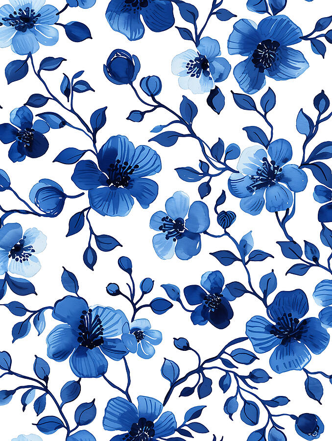 Blue Flowers Digital Art - Blue And White Floral Pattern #19 by Benameur Benyahia