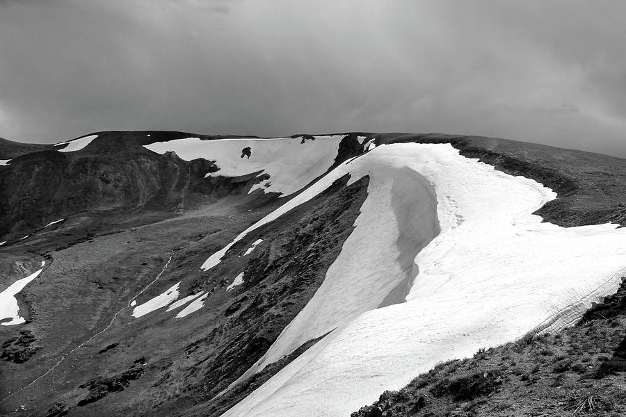 190 Rocky Mountain National Park Snow Topped BW 070922 Photograph by Mary Bedy