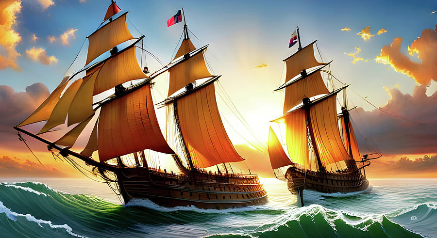 190-The Mayflower and the Santa Maria racing in rough seas at Sundown -3535 Mixed Media by Donald Keith