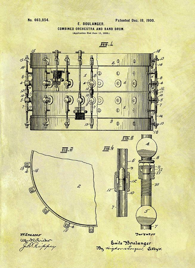 1900 Band Drum Patent  Drawing by Dan Sproul