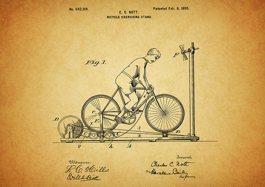 Vintage Drawing - 1900 Bicycle Exercise Machine Patent by Dan Sproul