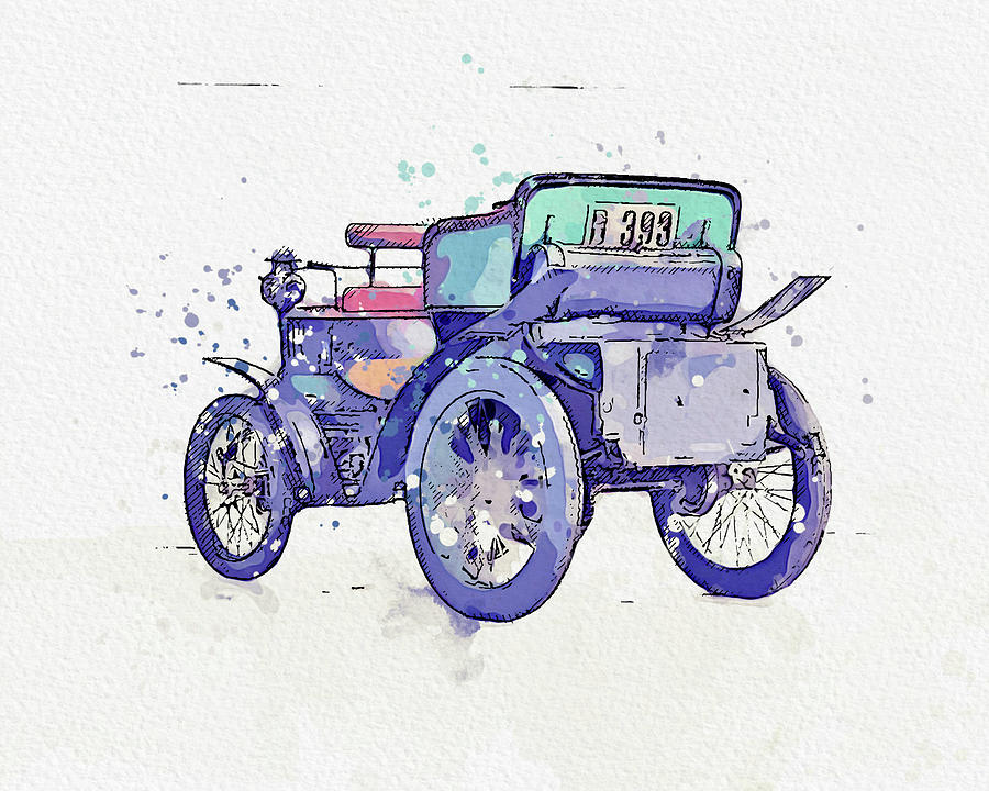 1900 Peugeot Type 26 Voiturette a trois places 2  - Watercolor ca 2020 by Ahmet Asar Digital Art by Celestial Images