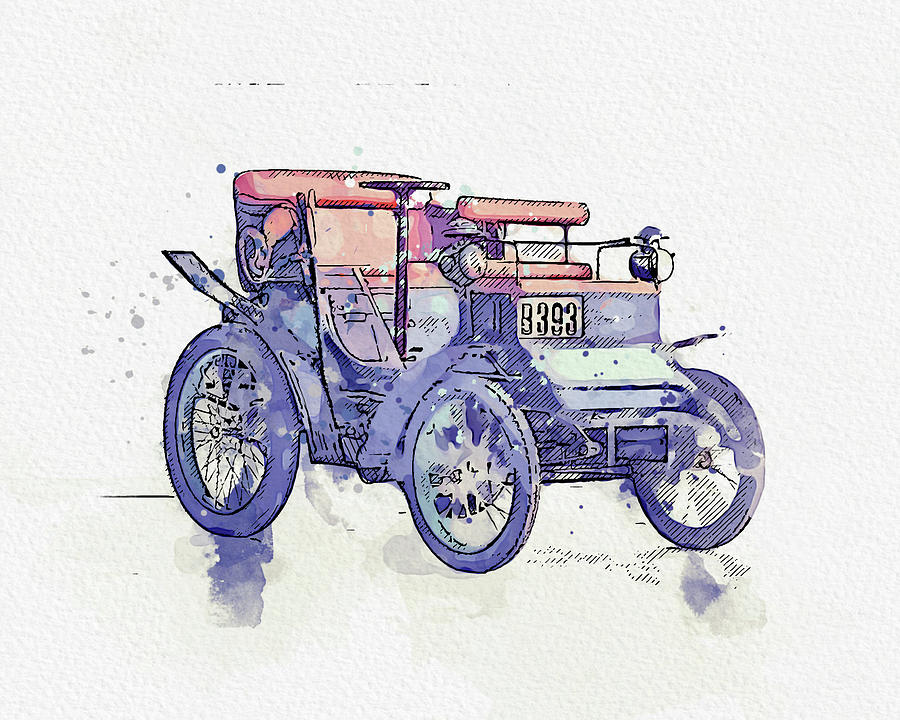 1900 Peugeot Type 26 Voiturette a trois places 3  - Watercolor ca 2020 by Ahmet Asar Digital Art by Celestial Images