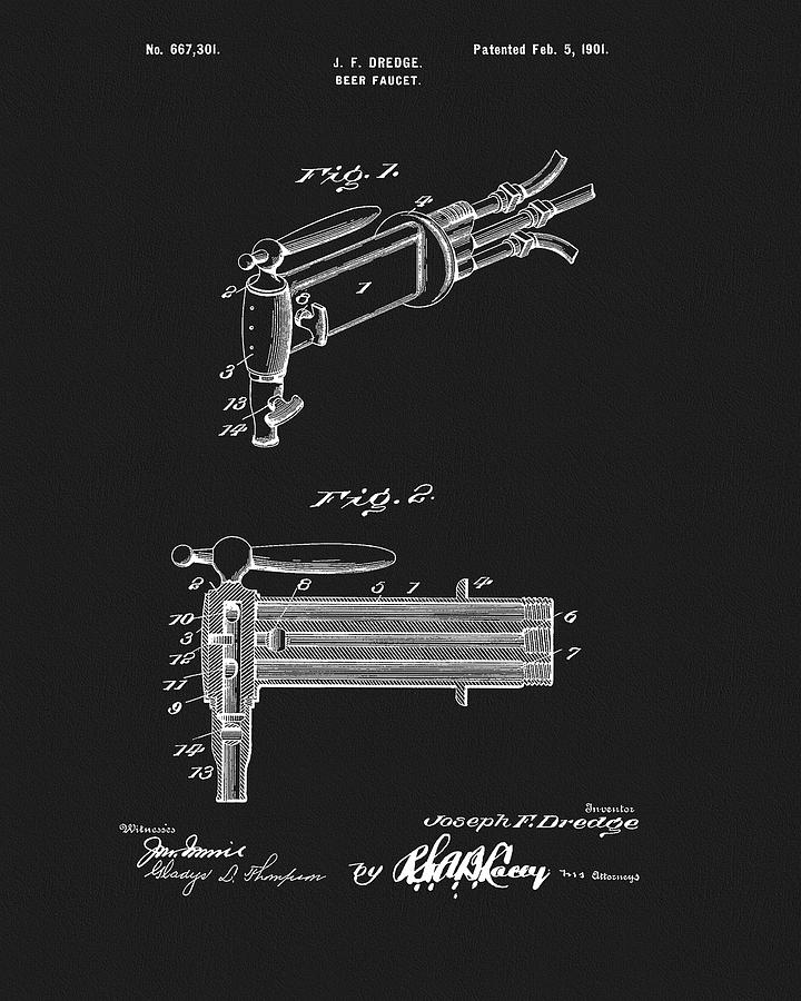 Beer Drawing - 1901 Beer Faucet Patent by Dan Sproul