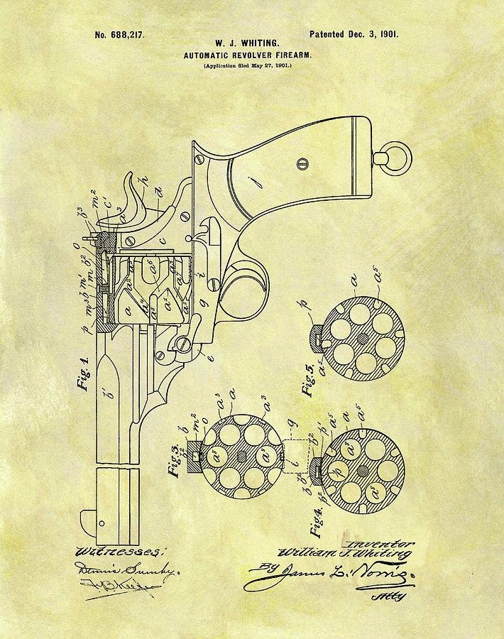 Revolver Drawing - 1901 Revolver Firearm Patent by Dan Sproul
