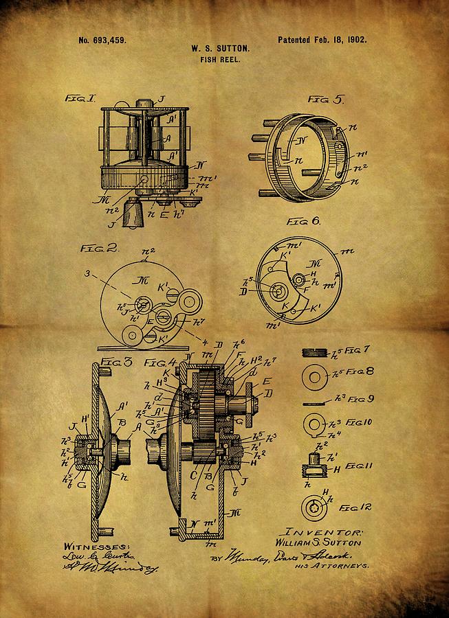 Fishing Reel Drawing - 1902 Fishing Reel Patent by Dan Sproul