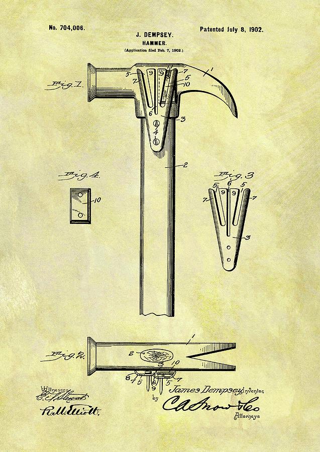 Tool Drawing - 1902 Hammer Patent by Dan Sproul