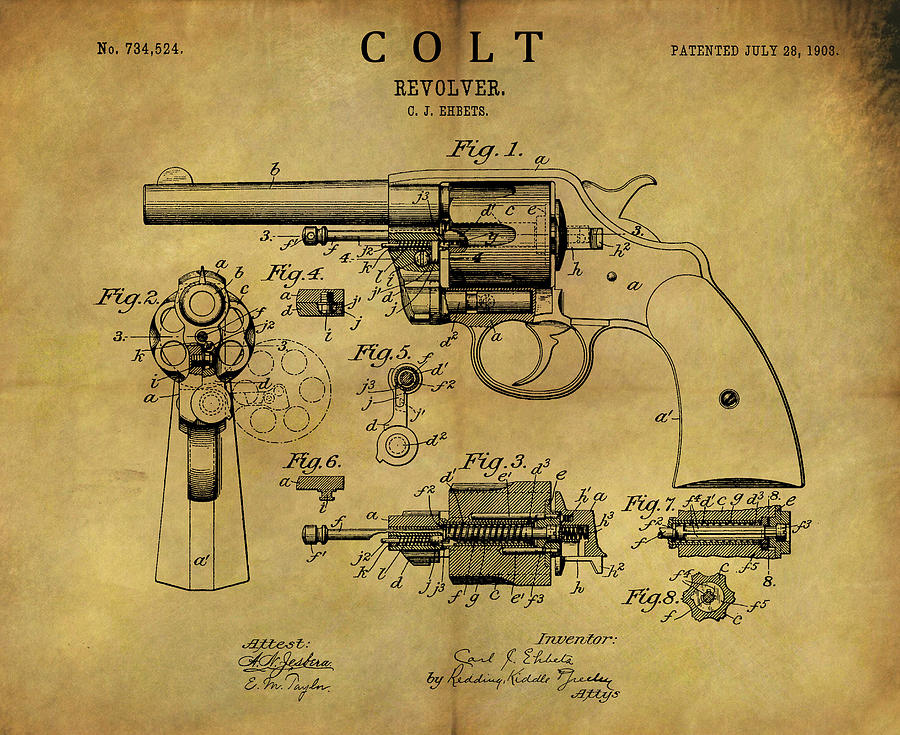 Colt Revolver Drawing - 1903 Colt Revolver Patent by Dan Sproul